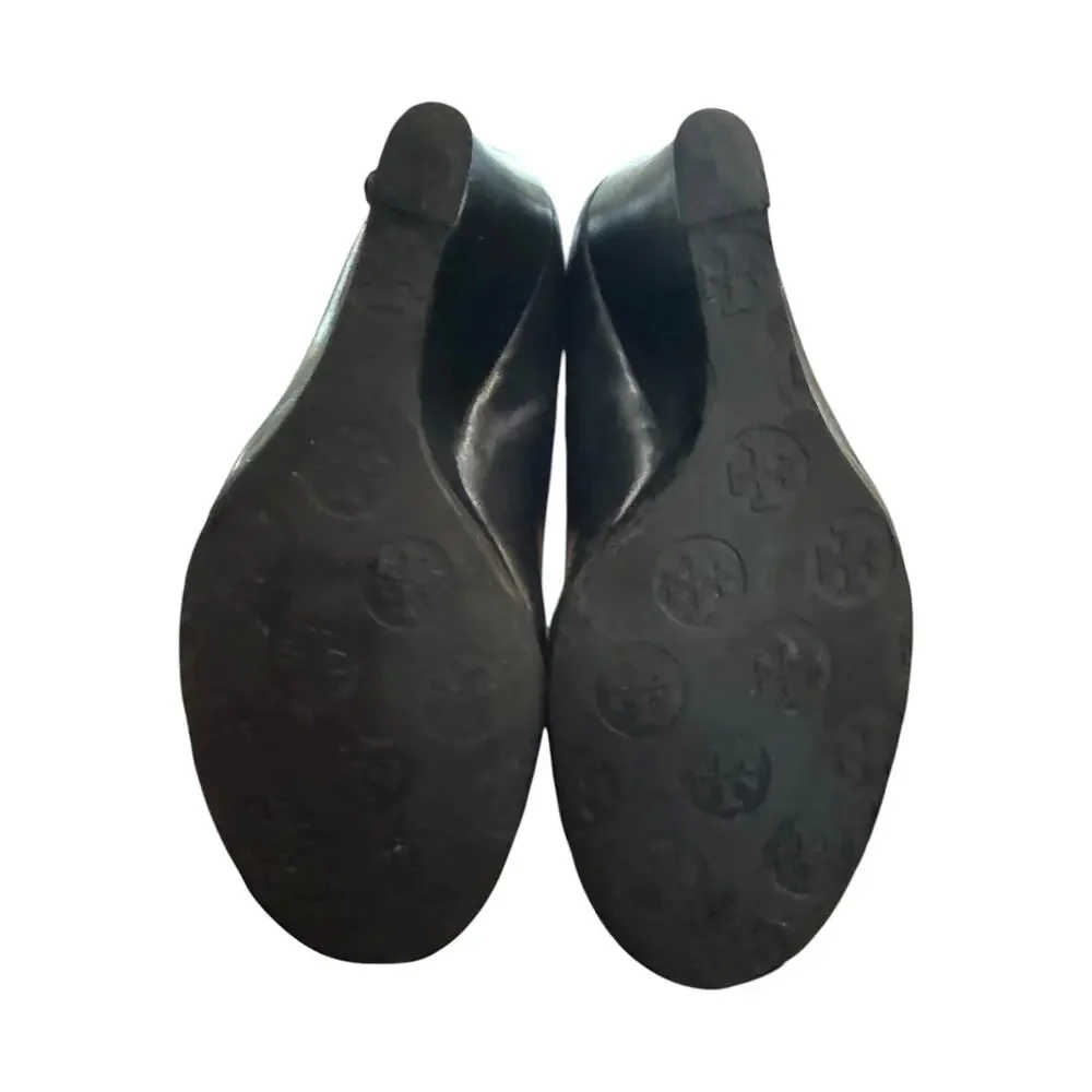 Tory Burch Sophie Logo Wedge Pumps Black Leather Women’s 6.5M